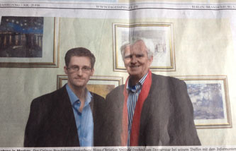 Blick auf Zeitungsartikel mit Foto heute Foto von Zeitugnsfoto mit Herrn Ströbele und Herrn Snowden heute.