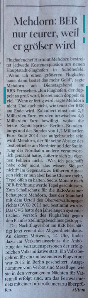 Artikel heute Foto aus dem Tagesspiegel - Artikel über BER ist zu sehen.