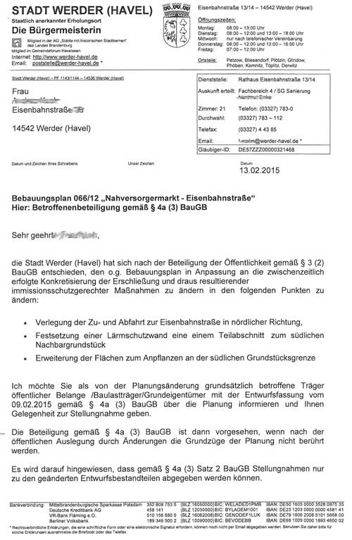 Anschreiben Stadt Werder vom 13.2.2015 Scann erste Seite ist zu sehen