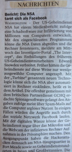 heute Artikel aus dem Tagesspiegel Foto von Artikel über NSA - heute