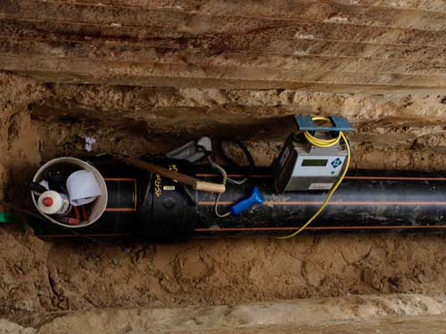 Foto von der neuen Druckleitung in der Grube, die hier gestoßen und verbunden wird mit eienr Manschette.