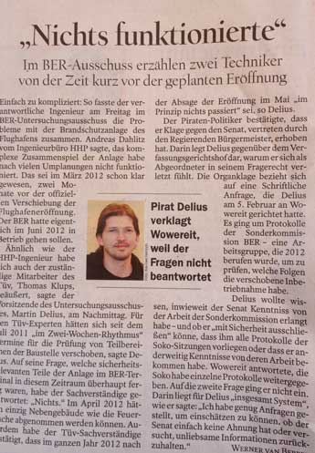 Foto von Zeitungsartikel aus dem Tagesspiegel von heute ist zu sehen