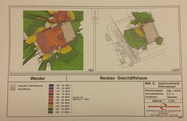 Foto von der Seite mit der Isophonenkarte aus dem Gutachten  ist zu sehen