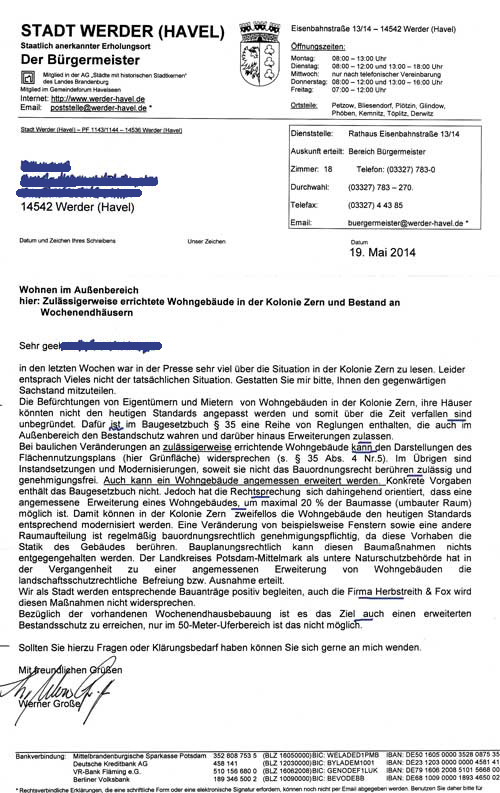 Brief vom 19. Mai 2014 Scann eines Briefes an einen Burger in der Kolonie Zern vom Bgm, Herr Gro%szlig;e, ist zu sehen