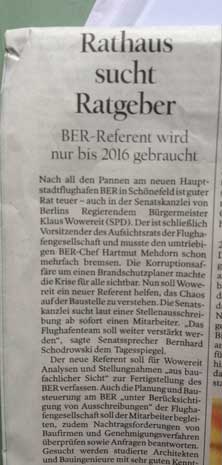 Artikel aus dem Tagesspiegel am 24. Juli 2014 Foto von einem Zeitungsartikel ist zu sehen