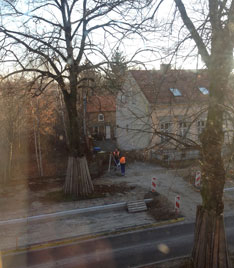 heute früh neben Linde 74 gesehen Foto von der Anden Straßenseite, zwei Mitarbeiter der Firma Eurovia messen - heute.
