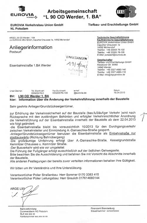 Anliegerinfo gescannter Brief an alle Anwohner in A 4 ist abgebildet