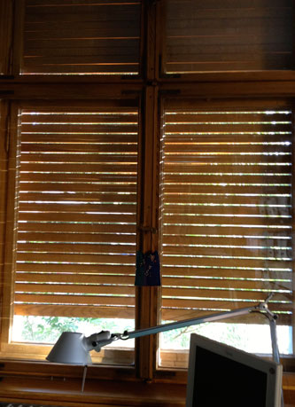es wird gelärmt Foto von einem Fenster mit Rolladen heute früh ist zu sehen.