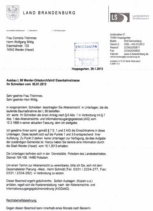 Brief von Herrn Dannenberg als Scan - erste Seite