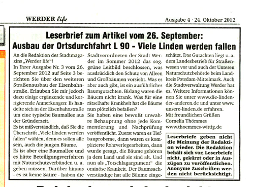 Leserinnenbrief Text aus Werder life