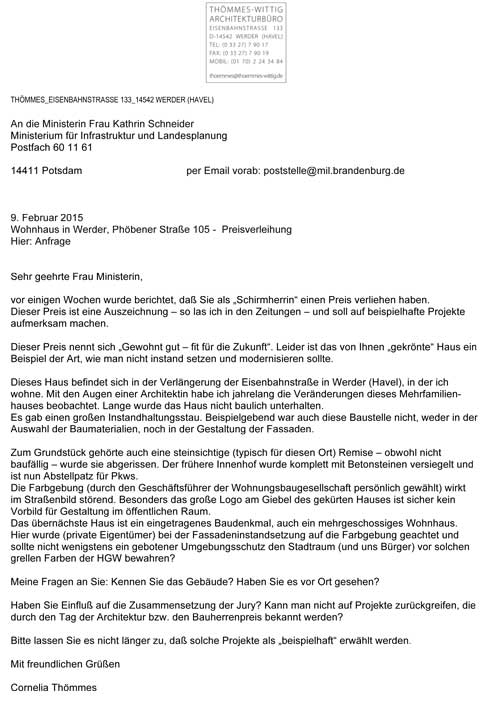 Brief an die Ministerin Schneider ist zu sehen - Es geht um das Haus Phoebenerstr 105 Brief an Ministerin