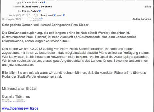 Email an Stadtverwaltung Scann von einer Email ist abgebildet
