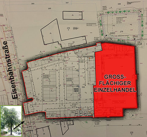 Lageplan von dem neuen Einzelhandel in der Eisenbahnstraße  ist zu sehen.