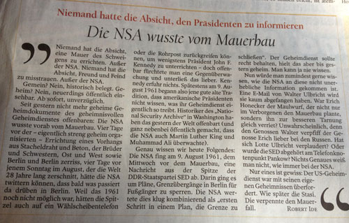 heute in der Zeitung Tagesspiegel Foto von einem Zeitungsartikel über die NSA und den Mauerbau - ist zu sehen.