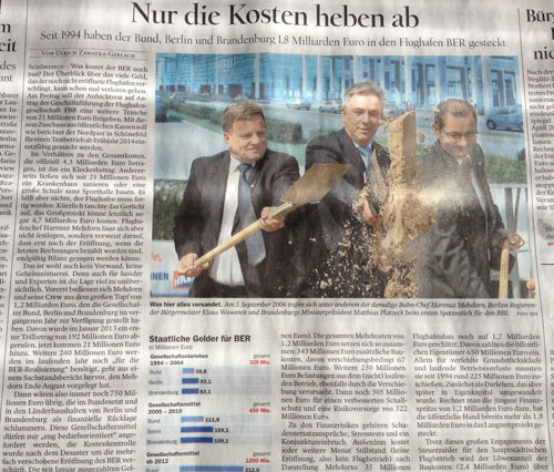 heute in der Zeitung Tagesspiegel Foto von einem Zeitungsartikel über den BER - ist zu sehen.