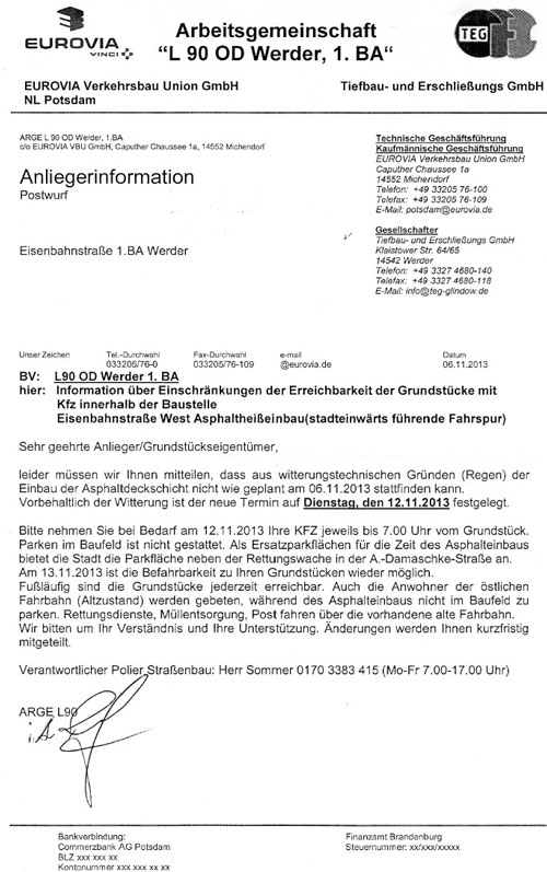 Anliegerinfo von Eurovia ist abgebildet - heute.