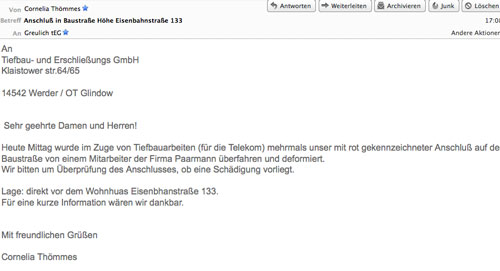 email an TEG Foto von einer Email an TEG.