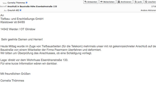 Foto von einer Email an TEG.