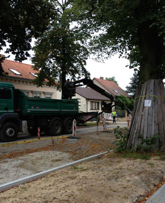 Blick auf LKW unter Linden heute Foto von LKW ist zu sehen, der eine alte Leuchte herausreißt.