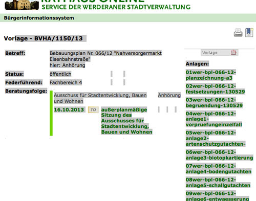 Bildschirmfoto von website Satt Werder -Ratsinfo ist zu sehen.