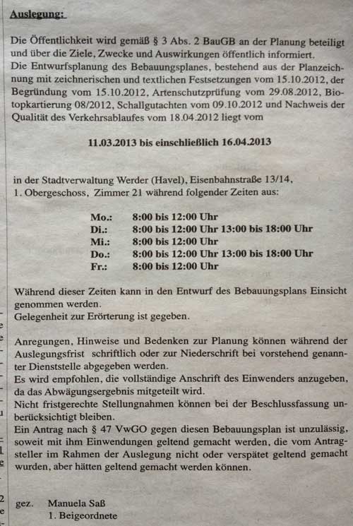 Ankündigung im Generalanzeiger Foto von einer Ankündigung im Amtsblatt von Werder