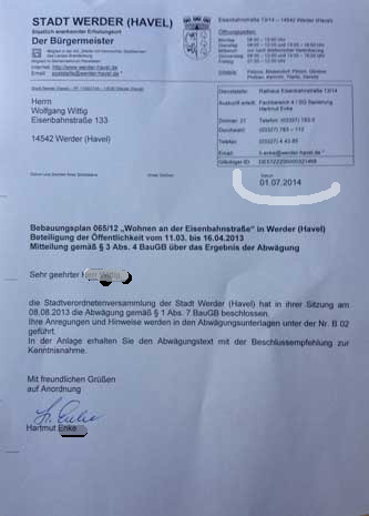 Foto des Anschreibens von der Stadt Werder Anschreiben ist zu sehen