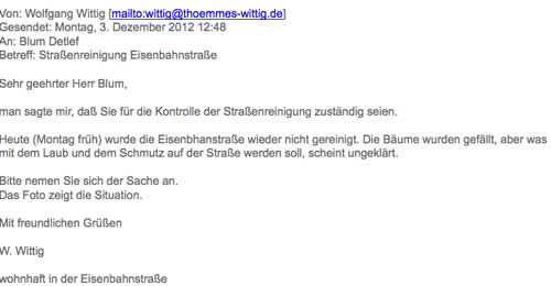 abgebildet ist die Email an Herrn Blum, Stadtverwaltung Werder