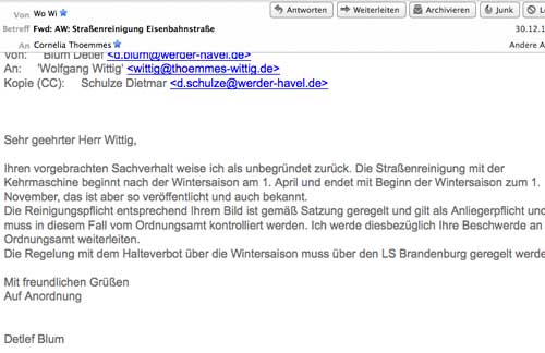abgebildet ist die Email von Herrn Blum, Stadtverwaltung Werder