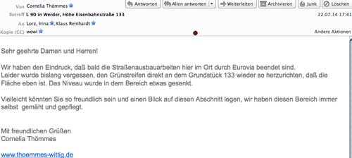 Email an den Landesbetrieb für Straßenwesen ist zu sehen Abbildung von einer Email an den Landesbetrieb für Straßenwesen ist zu sehen
