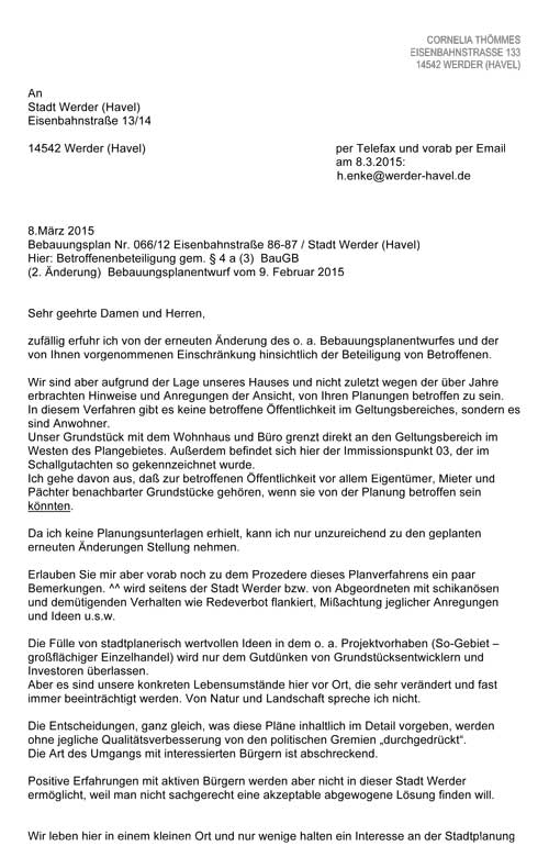 Schreiben von mir als Betroffene erste Seite - Eisenbahnstraße 133 scann erste Seite