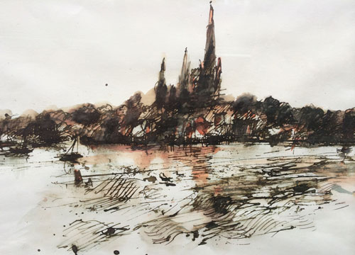 Federzeichnung von Insel Werder von Wolfgang Wittig Federzeichnung von Inselstadt Werder ist zu sehen.