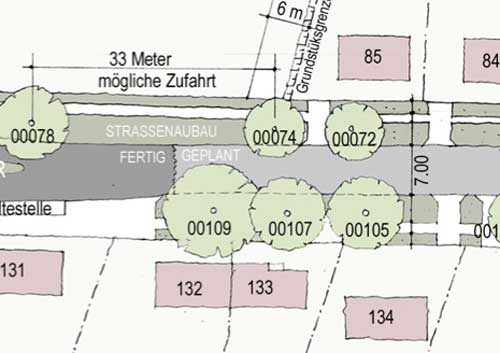 Ausschnitt eienr eigenen Skizze von der Zufahrtssituation am NettogrundstŸck mit den vier alten Linden als Tor. 2012