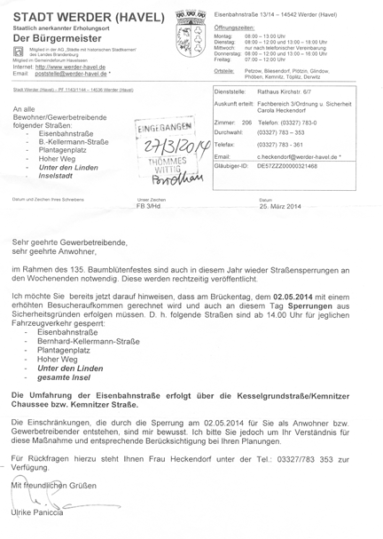 Brief von der Stadt Werder Scann von Infobrief.