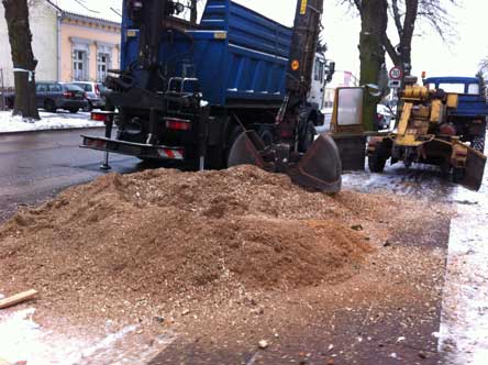 Foto von großem Baumstumpf mit Geräten ist abgebildet