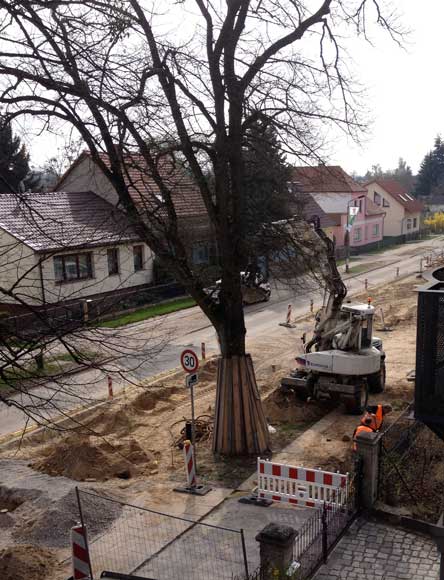 Foto von einem Bagger rechts vom Haus.