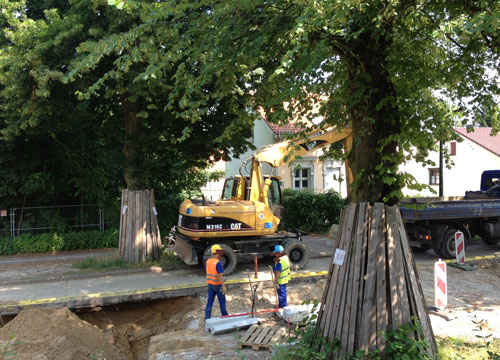 Foto von einem braunen Bagger direkt am Baumstamm - heute .