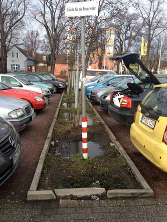 Foto von Bäumen auf dem Parkplatz Netto, gegenüber dem Scharfrichterhaus, die immerfort im Wasser stehen.