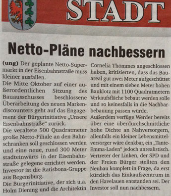 Foto von einem Zeitungsartikel über die Sonderausschußsitzung wegen des Nettomarktes in der Eisenbahnstraße - heute.