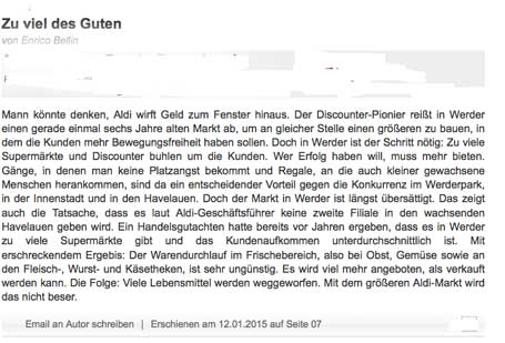 pnn - 12.1.2015 Autor Bellin über Aldi in Werder Bildschirmfoto vom 12. Januar aus der pnn ist zu sehen