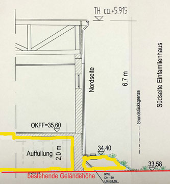 Schnitt mit Eintragungen Foto von einer Zeichnung aus dem Plan ist zu sehen.