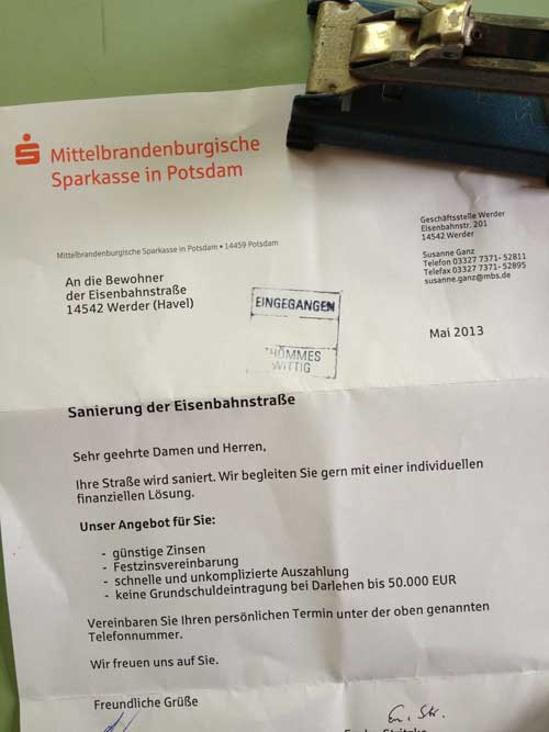 Foto von einem Brief von der Mittelbr. Sparkasse. title=