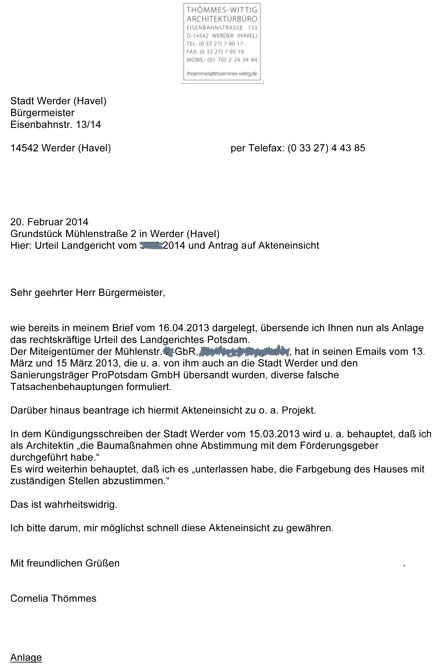 Antrag an die Stadt Werder abgebildet ist der Brief bzw. Antrag an die Stadt Werder.