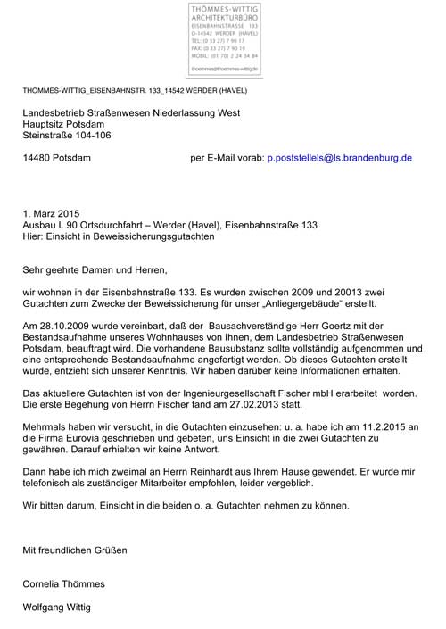 Brief an Landesbetrieb fr Stra§enwesen Potsdam Brief ist abgebildet