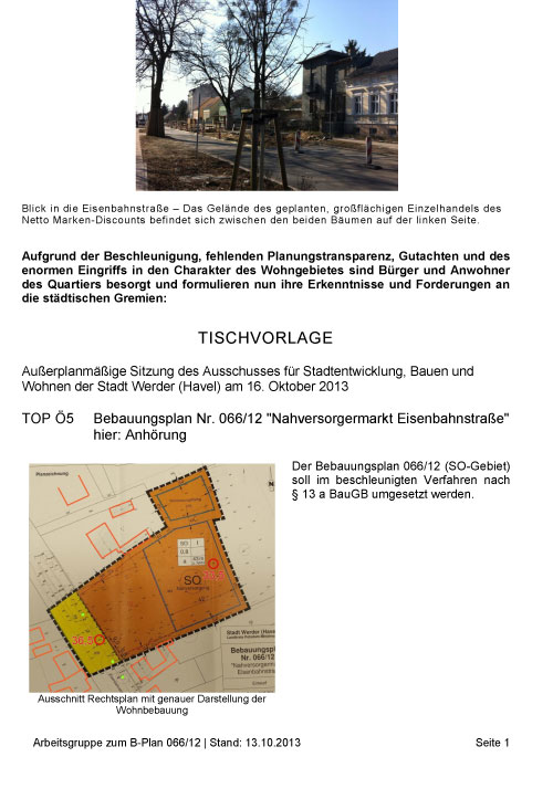 erste Seite der Tischvorlage erste Seite der Tischvorlage für den Sonderbauausschuß ist abgebildet.