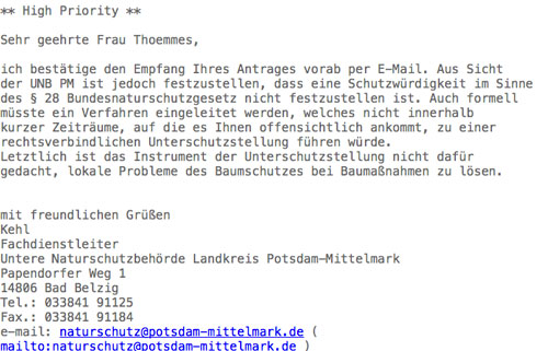 Foto - screenshot von einer Email von der unteren Naturschutzbehörde des Landkreises Potsdam-Mittelmark zu dem Antrag auf Unterschutzstellung einer alten Linde - Nr. 109.